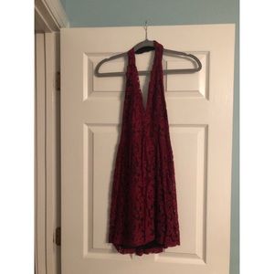 Red and black backless lace halter dress